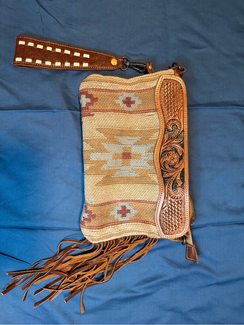 Myra Bag Tan and Cream Southwestern Fringe Wristlet Clutch